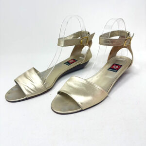 Anne Klein Sandal Size 9.5M. Gold Kid Leather Ankle Strap Wedge Heel